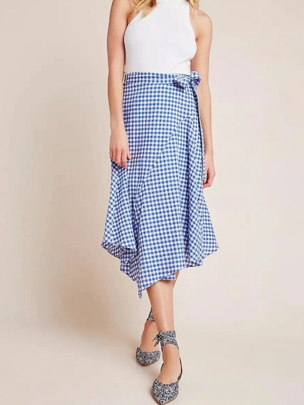 Maeve Anthropologie Glenna Gingham Blue White Faux Wrap Midi Skirt Size 4